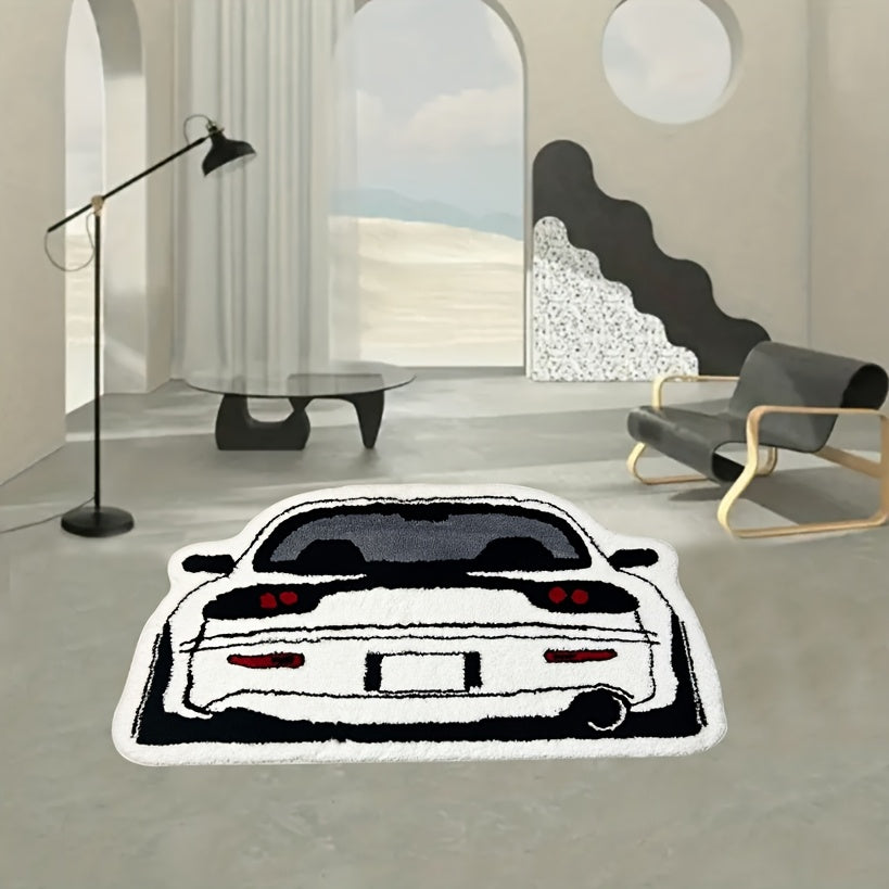 1pc Irregular Car Pattern Carpet, Black And White Sports Car Floor Mat, Non Slip Washable Polyester Fiber 100.00% Machine Made with EVA Backing