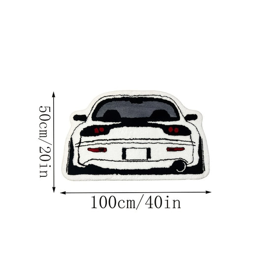 1pc Irregular Car Pattern Carpet, Black And White Sports Car Floor Mat, Non Slip Washable Polyester Fiber 100.00% Machine Made with EVA Backing