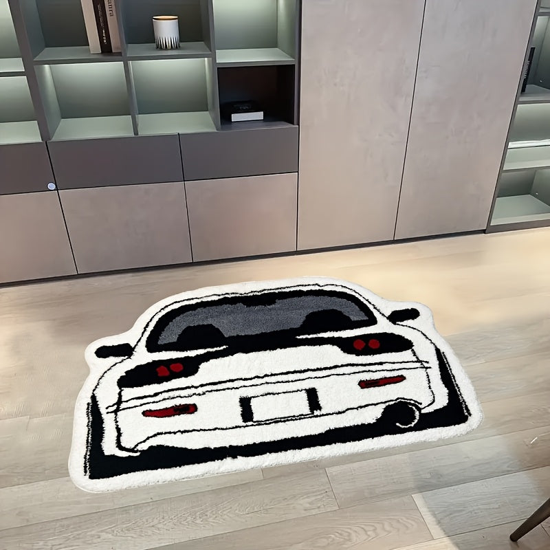 1pc Irregular Car Pattern Carpet, Black And White Sports Car Floor Mat, Non Slip Washable Polyester Fiber 100.00% Machine Made with EVA Backing