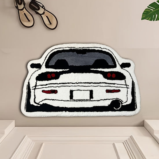 1pc Irregular Car Pattern Carpet, Black And White Sports Car Floor Mat, Non Slip Washable Polyester Fiber 100.00% Machine Made with EVA Backing