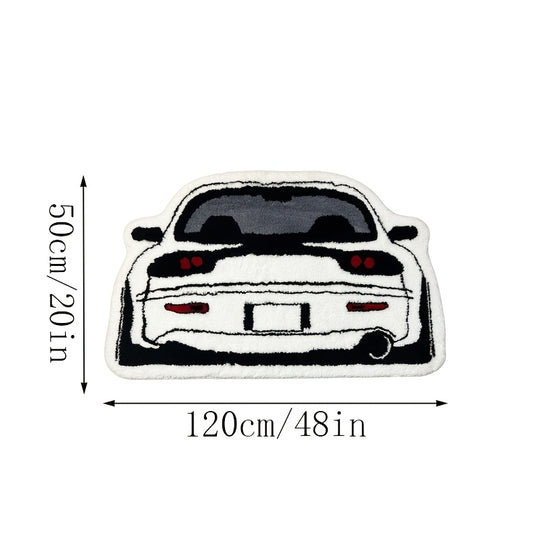 1pc Irregular Car Pattern Carpet, Black And White Sports Car Floor Mat, Non Slip Washable Polyester Fiber 100.00% Machine Made with EVA Backing