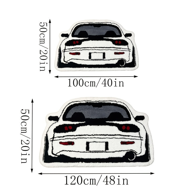 1pc Irregular Car Pattern Carpet, Black And White Sports Car Floor Mat, Non Slip Washable Polyester Fiber 100.00% Machine Made with EVA Backing