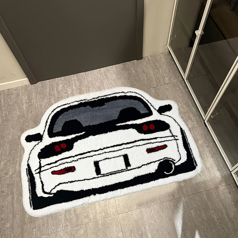 1pc Irregular Car Pattern Carpet, Black And White Sports Car Floor Mat, Non Slip Washable Polyester Fiber 100.00% Machine Made with EVA Backing