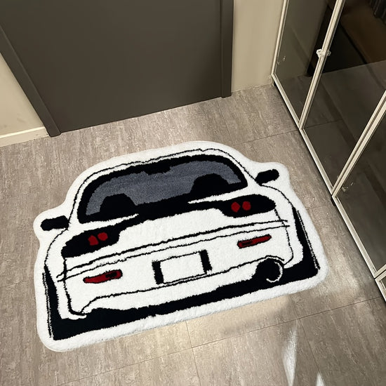 1pc Irregular Car Pattern Carpet, Black And White Sports Car Floor Mat, Non Slip Washable Polyester Fiber 100.00% Machine Made with EVA Backing