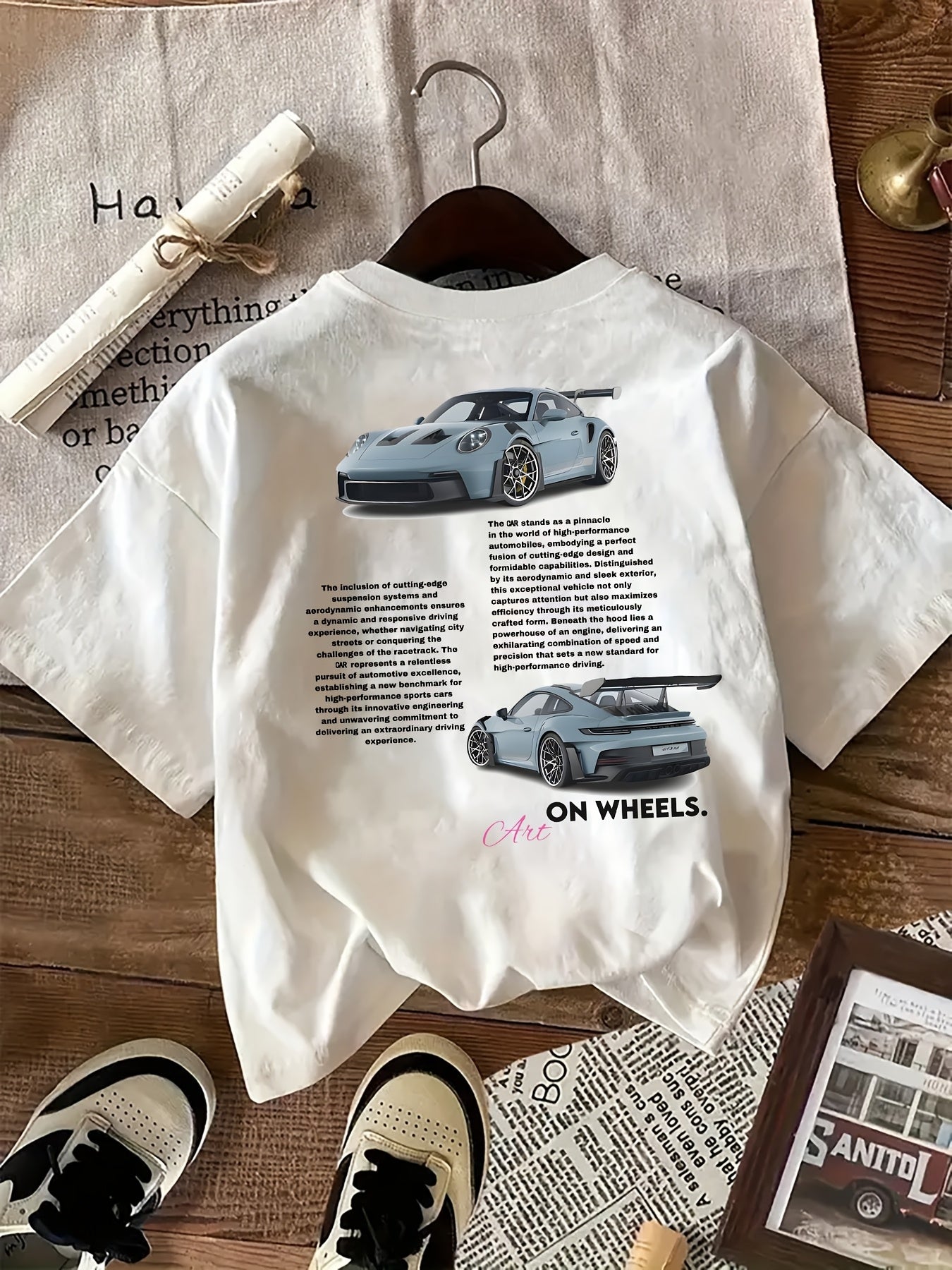 Women's "On Wheels" Graphic Tee - Casual Polyester T-Shirt with Detailed Car Design, Machine Washable, Round Neck, All-Season Comfort, Ladies T Shirts